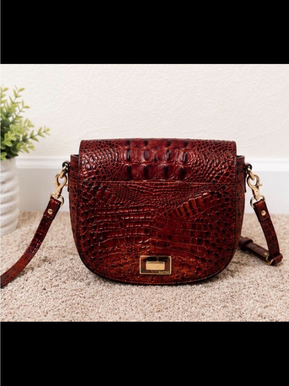 Brahmin Croc-Embossed Saddle Crossbody in Deep Burgundy